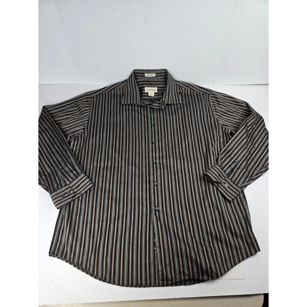 Pronto Uomo Non Iron Shirt Mens XL Black Bronze Striped Long Sleeve Button Up